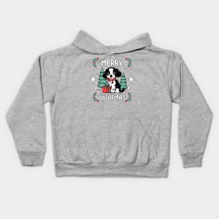 Merry Christmas dog pet puppy woof typography | Morcaworks Kids Hoodie
